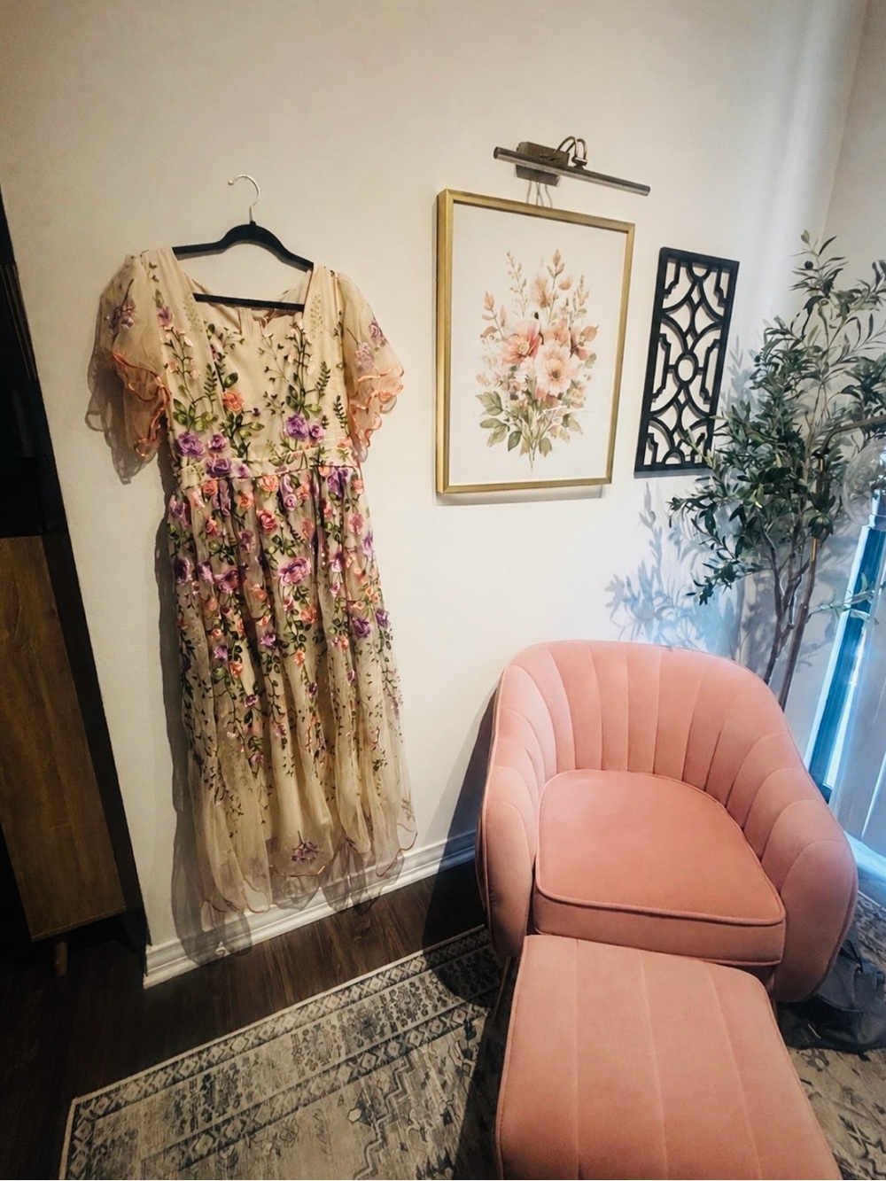 Ivy City Co size 12 Cream Sheer Dress with Pink & Purple Floral Embroidery